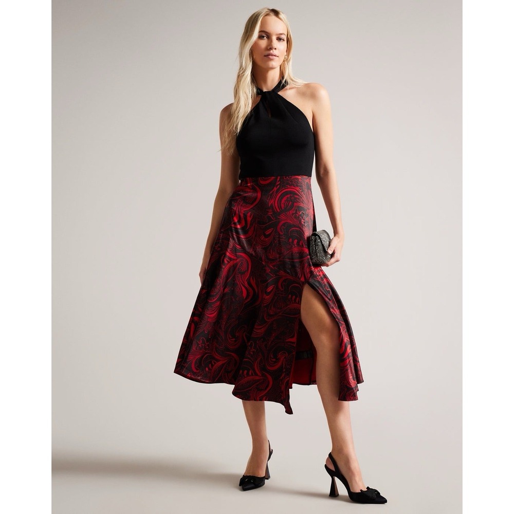 TED BAKER Rosieo Twist High Neck Printed Satin Knit Party Formal Dress TED4US 10